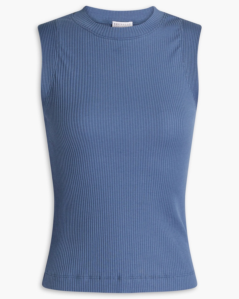 Brunello Cucinelli Damen Geripptes Tanktop aus Baumwoll-Jersey mit Zierperlen