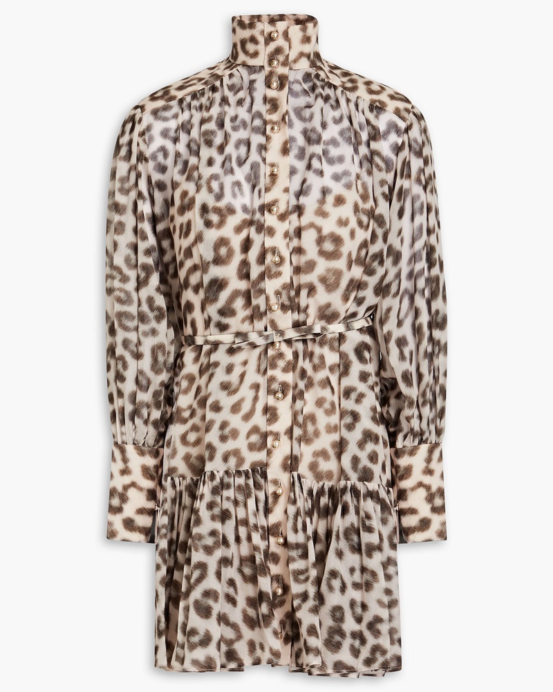 Zimmermann Damen Minikleid aus einer Baumwoll-Seidenmischung mit Leopardenprint und Raffung