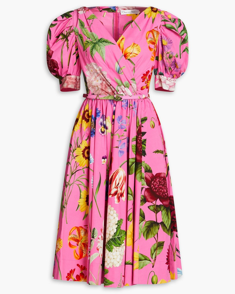 Oscar de la Renta Damen Kleid aus Popeline aus einer Baumwollmischung mit floralem Print und Wickeleffekt