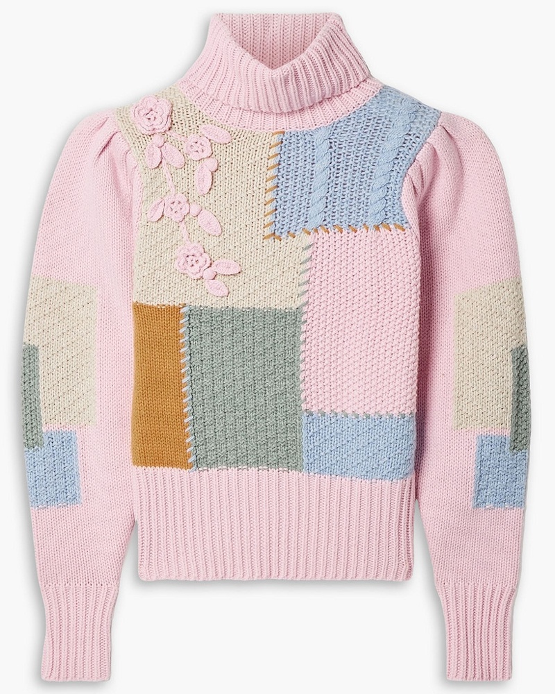 LoveShackFancy Damen Allan Rollkragenpullover aus Strick inPatchwork-Optik mit Applikationen