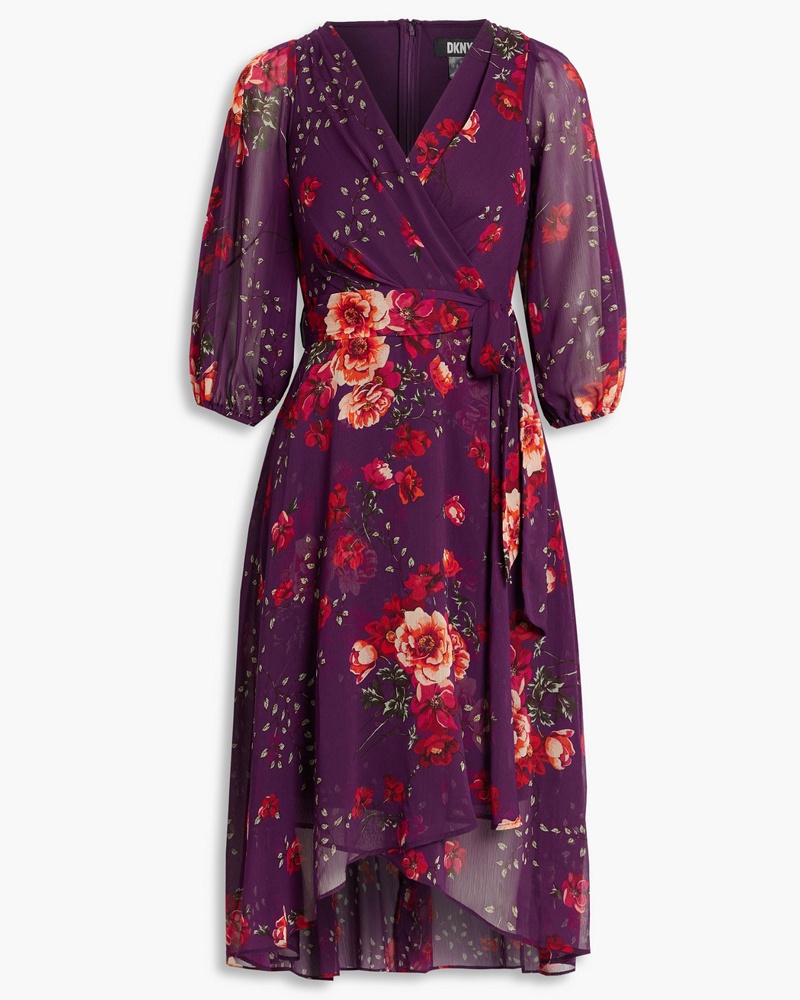 DKNY Damen Kleid aus Krepon mit floralem Print und Wickeleffekt