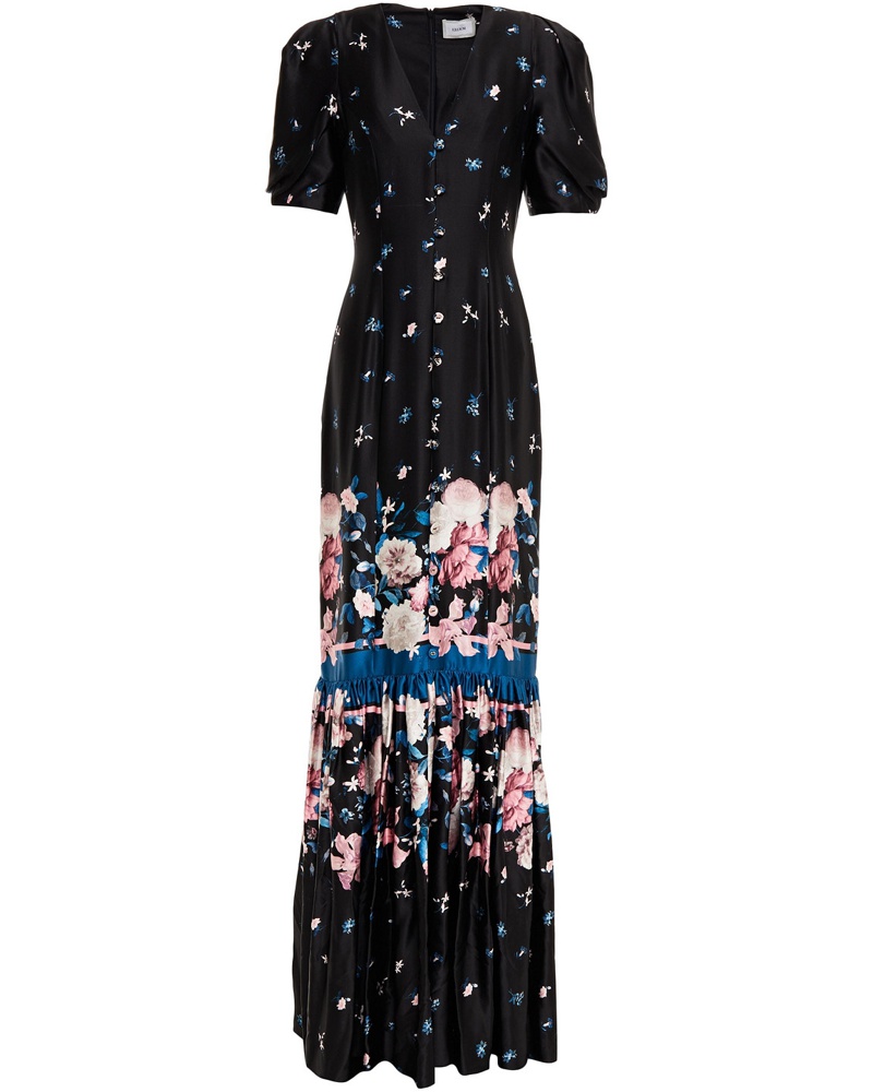 Erdem Damen Rosetta Robe aus Seidensatin mit floralem Print und Zierknöpfen