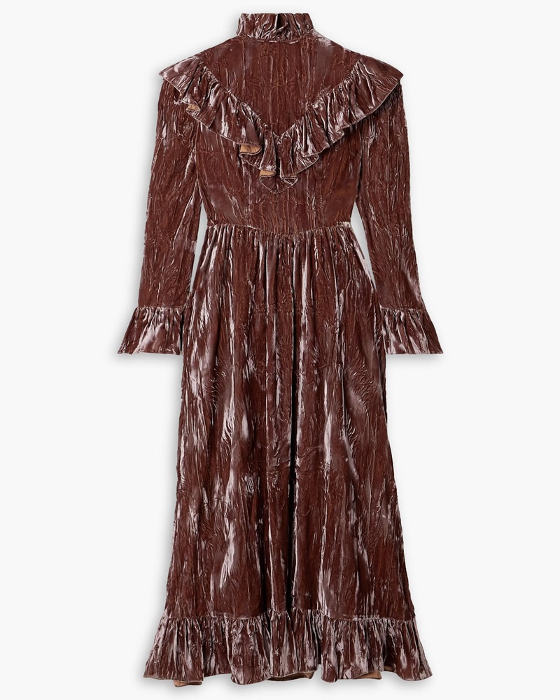 BATSHEVA Damen Carol Maxikleid aus Samt inKnitteroptik mit Rüschen