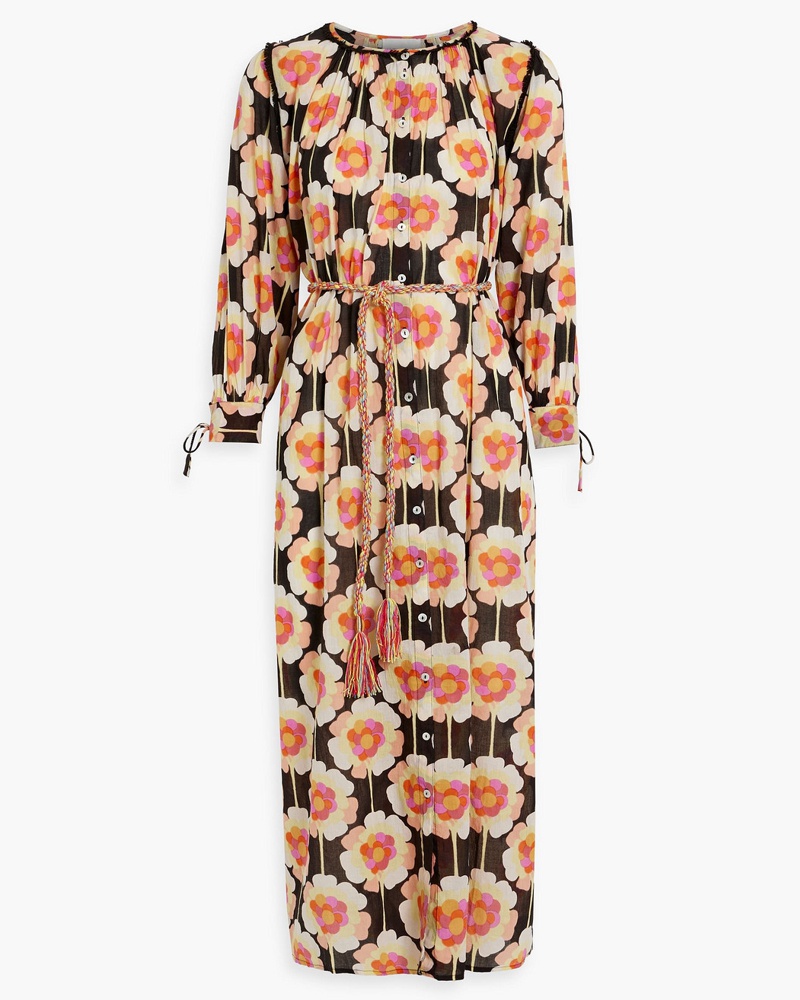 Antik Batik Damen Flowy Maxikleid aus Baumwoll-Voile mit floralem Print und Gürtel