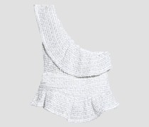 Charbie Oberteil aus Bouclé-Tweed mit Rüschen, Metallic-Effekt und asymmetrischer Schulterpartie