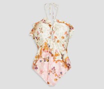 Ruffled floral-print halterneck swimsuit 0