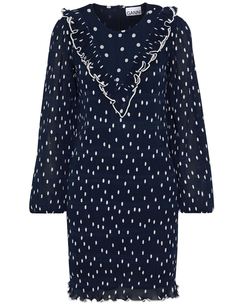 Ganni Damen Minikleid aus plissiertem Georgette mit Polka-Dots und Rüschen