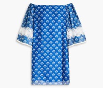 Schulterfreies Minikleid aus Webstoff mit Flammgarneffekt und Print