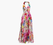 Neckholder-Robe aus Seidenorganza mit floralem Print