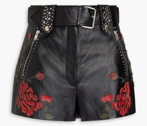 Shorts aus Leder mit floralen Applikationen, Gürtel und Nieten