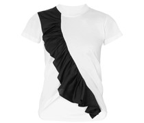 Asymmetric ruched two-tone cotton-jersey T-shirt