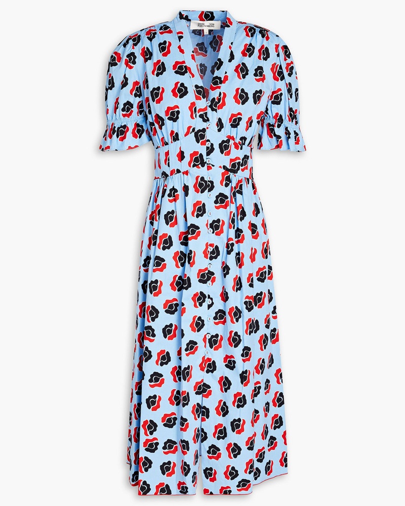 Diane von Furstenberg Damen Erica bedrucktes Midikleid aus Popeline aus einer Baumwollmischung mit Raffung