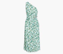 Clarissa gerafftes Kleid aus Crêpe de Chine mit floralem Print und asymmetrischer Schulterpartie