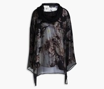 Mehrlagiges Oberteil aus glänzendem Twill und Seidenkrepon mit Print und Kapuze