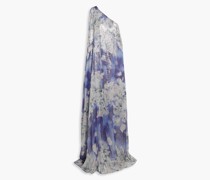 Madeline Robe aus einer Seidenmischung mit floralem Print, Metallic-Effekt und asymmetrischer Schulterpartie