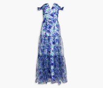 Off-the-shoulder floral-print crinkled organza gown