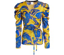 Geraffte Wickelbluse aus Seidenjacquard mit Print