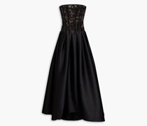 Plissierte Robe aus Satin mit Einsätzen aus schnurgebundener Spitze