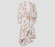 Asymmetrisches Midi-Wickelkleid aus Leinen mit floralem Print und Rüschen