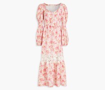Midikleid aus einer Leinen-Baumwollmischung mit floralem Print und Guipure-Spitzenbesatz