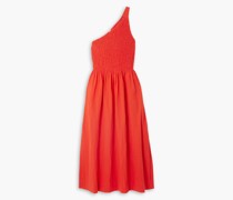 Isa Midikleid aus Baumwoll-Voile inKnitteroptik mit Raffung und asymmetrischer Schulterpartie