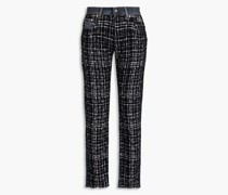 Bouclé tweed-paneled checked high-rise straight-leg jeans