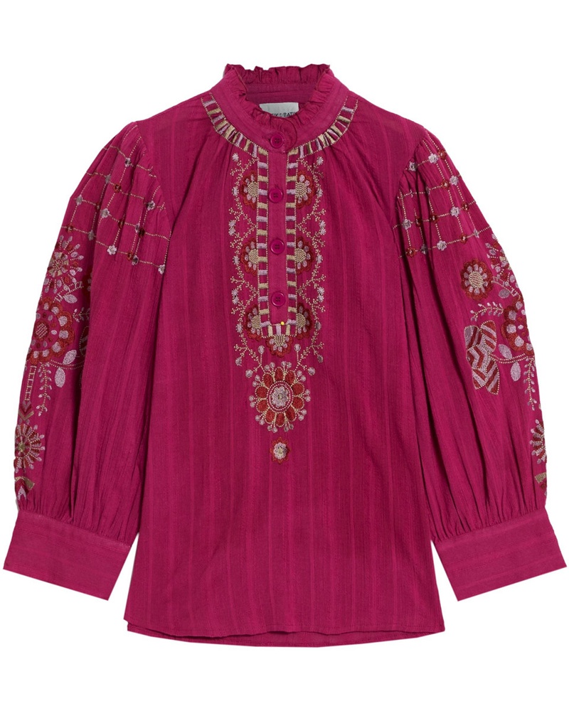 Antik Batik Damen Cami Bluse aus Baumwolle mit Rüschen und Stickereien