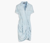 Ruched cotton-blend chambray shirt dress