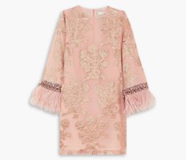 Verziertes Minikleid aus einer Seidenmischung mit Metallic-Fil-Coupé und Federbesatz
