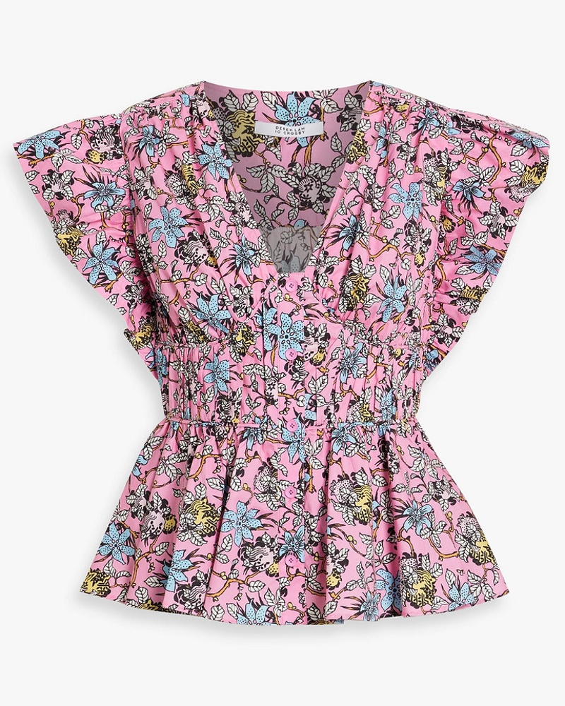 Derek Lam Damen Roselyn gerafftes Oberteil aus Popeline aus einer Baumwollmischung mit floralem Print