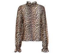 Bluse aus Plissiertem Georgette mit Rüschen und Leopardenprint