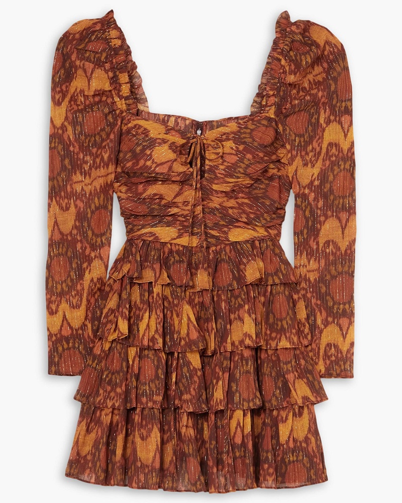 Ulla Johnson Damen Naiya bedrucktes Minikleid aus Krepon aus einer Baumwollmischung mit Rüschen und Metallic-Effekt
