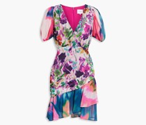 Gerafftes Minikleid aus Crêpe de Chine mit floralem Print