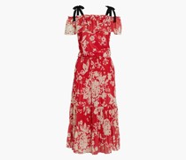REDValentinoGetufte Kleid au perforiertem Jerey mit floralem Print, Cut-out und Falten