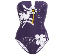 Bandeau-Badeanzug aus Piqué mit Applikationen und Print
