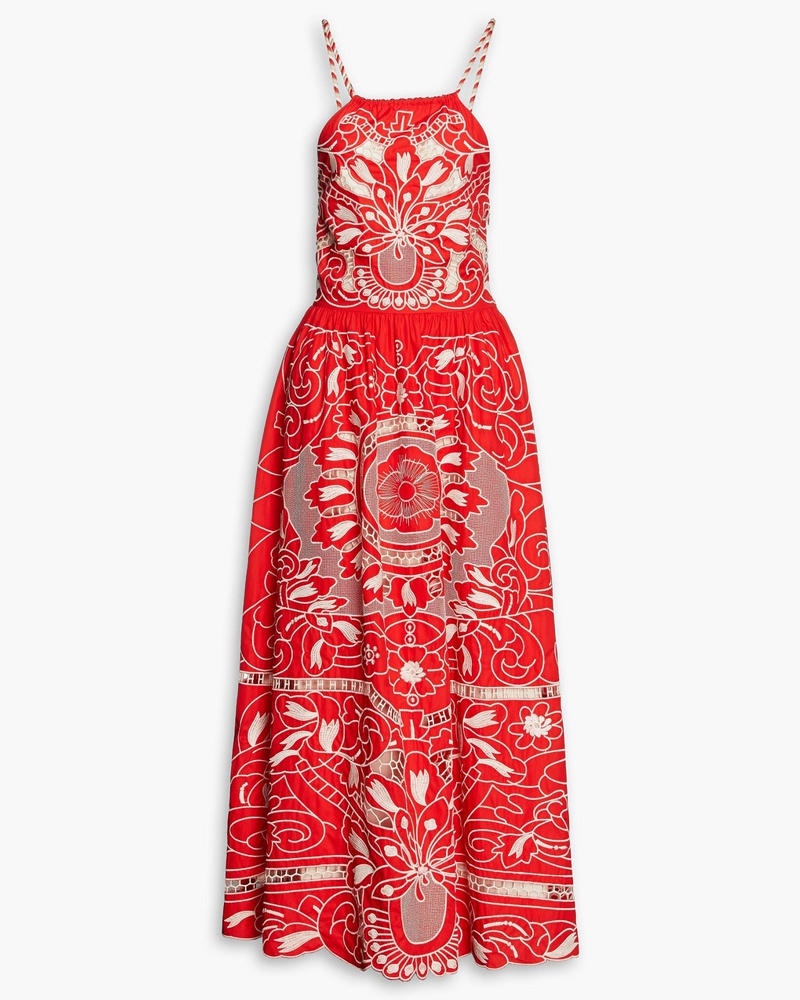 RED Valentino Damen REDValentinoGerafftes Midikleid aus Baumwolle mit Lochstickerei