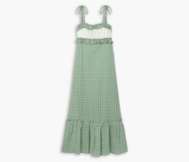 Annabel kariertes Midikleid aus Baumwoll-Seersucker mit Lochstickerei-Besatz