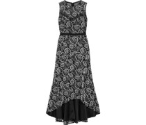 Asymmetric crochet-trimmed embroidered lace midi dress