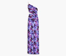 Robe aus plissiertem Chiffon mit floralem Print und asymmetrischer Schulterpartie