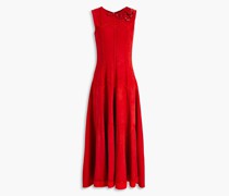 Appliquéd crochet-trimmed suede midi dress