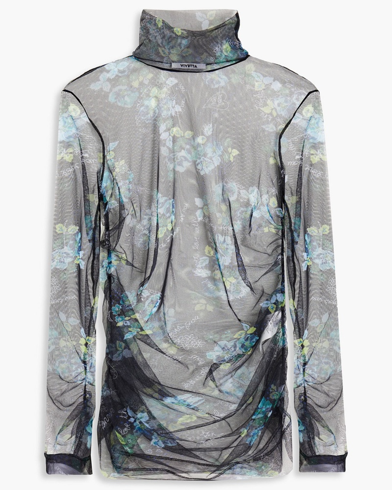 Vivetta Damen Gerafftes Rollkragenoberteil aus Tüll mit floralem Print