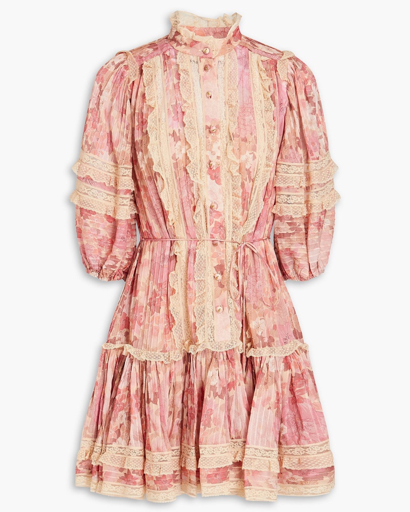 Zimmermann Damen Tempo Minikleid aus Seidenkrepon mit floralem Print und Rüschen