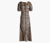 Ruched leopard-print silk-blend satin midi dress