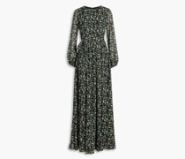 Gerafftes Maxikleid mit Metallic-Fil-Coupé und floralem Print