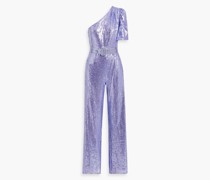 Jumpsuit aus Tüll mit weitem Bein, Pailletten, Gürtel und asymmetrischer Schulterpartie