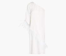 Kleid aus glänzendem Crêpe mit Federbesatz und asymmetrischer Schulterpartie