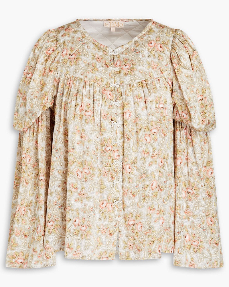 byTiMo Damen Geraffte Bluse aus Cady mit floralem Print
