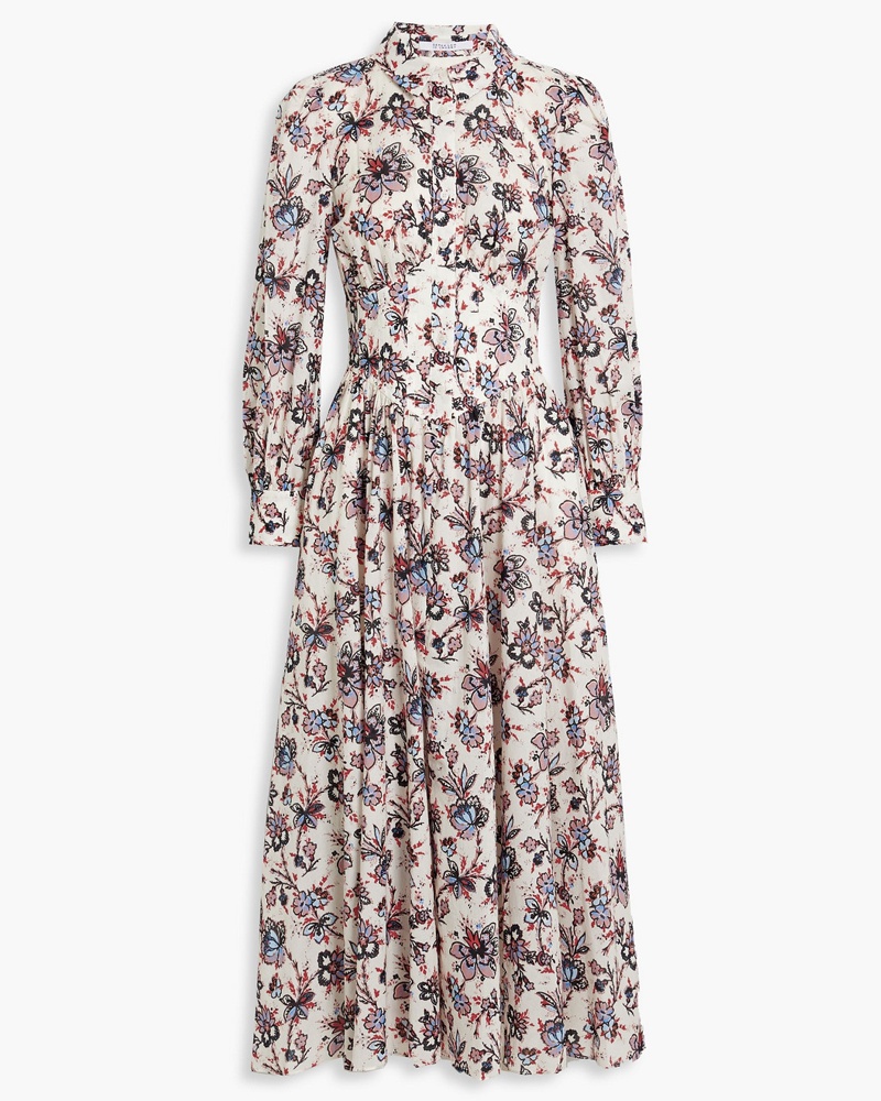 Derek Lam Damen Eleanor Hemdkleid inMidilänge aus Baumwolle mit floralem Print und Raffung