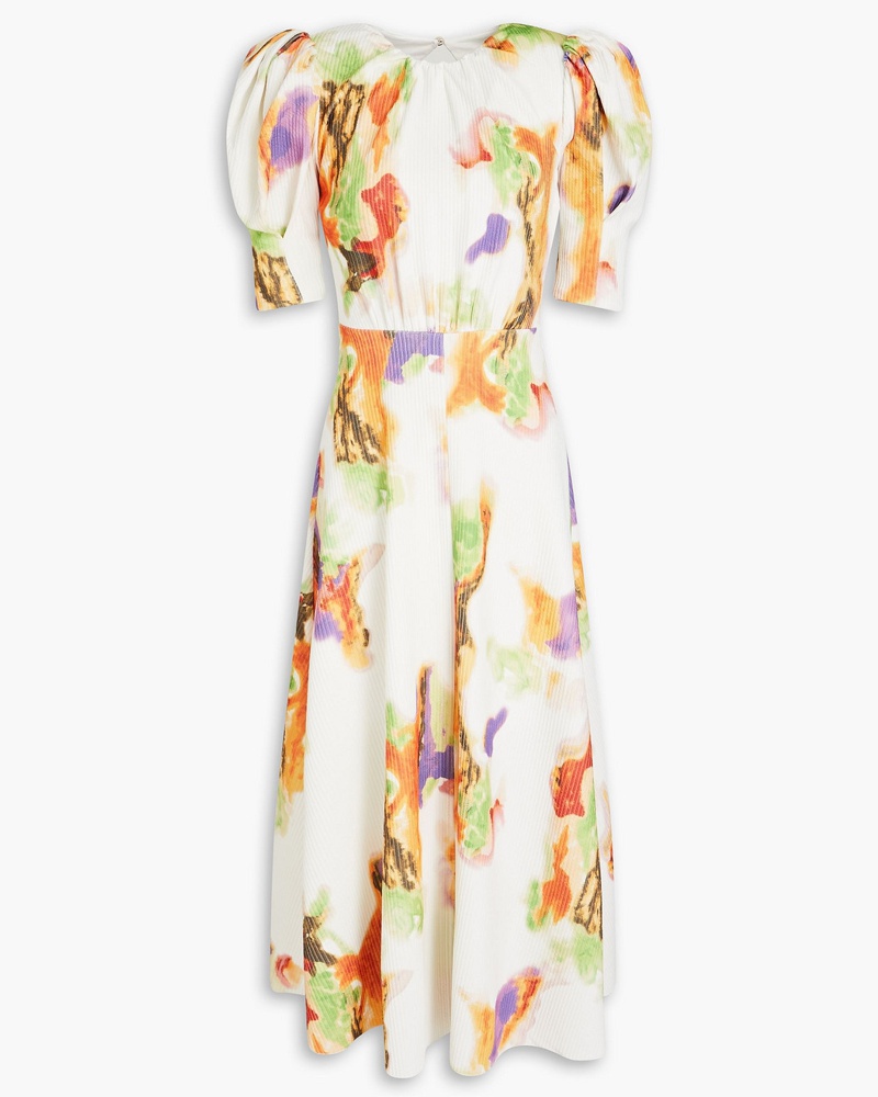 ROTATE Birger Christensen Damen Geripptes Midikleid aus recyceltem Jersey mit Print