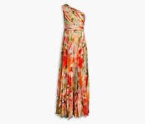 Robe aus Chiffon mit floralem Print, Falten und asymmetrischer Schulterpartie